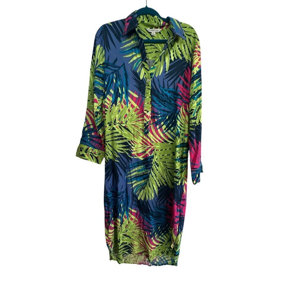 La Mer Luxe Women's Multicolor Palm Print Button Up Shirt Dress Size Large